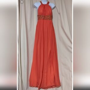 Aidan Mattox orange Coral silk Halter Sequin maxi dress gown 6